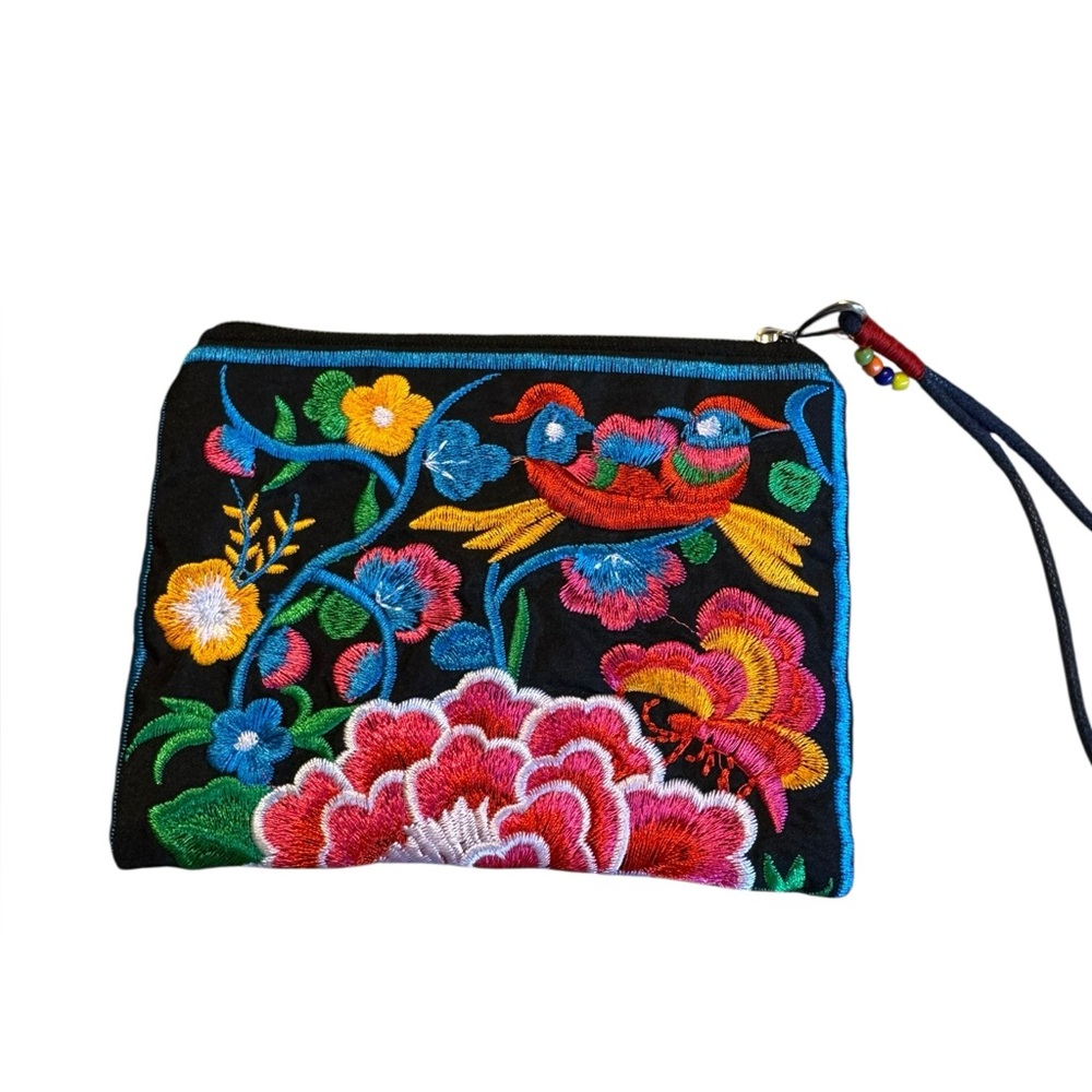 Beautiful embroidered zippered pouch with wristlet strap. NEW.